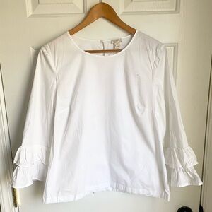 J. Crew White Ruffled Bell Sleeve Cotton Stretch Blouse